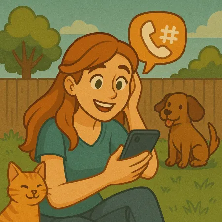 Femme rousse assise sur l’herbe dans un jardin, souriante en regardant son smartphone. Un chat orange est blotti contre elle et un chien brun est assis à proximité. Une bulle de dialogue contenant une icône de téléphone et un dièse flotte au-dessus d’elle, suggérant une conversation téléphonique.