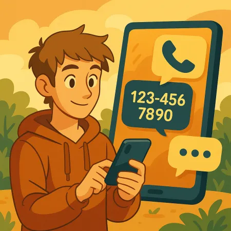 Jeune homme souriant en sweatshirt à capuche utilisant son smartphone, avec un grand écran de téléphone en arrière-plan affichant une icône d'appel et un numéro de téléphone fictif (123-456-7890), dans un décor extérieur stylisé et chaleureux.
