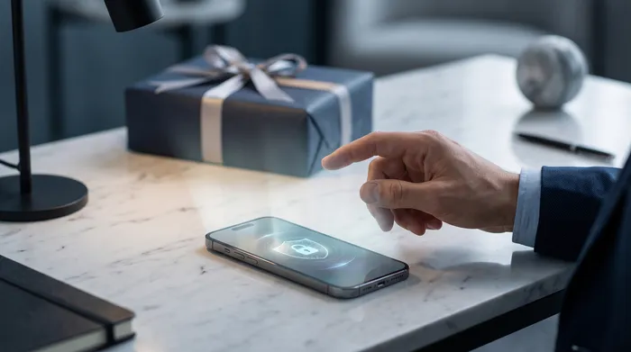 Une main d'homme en complet interagissant avec un téléphone intelligent posé sur un bureau, affichant une icône de cadenas numérique symbolisant la cybersécurité.