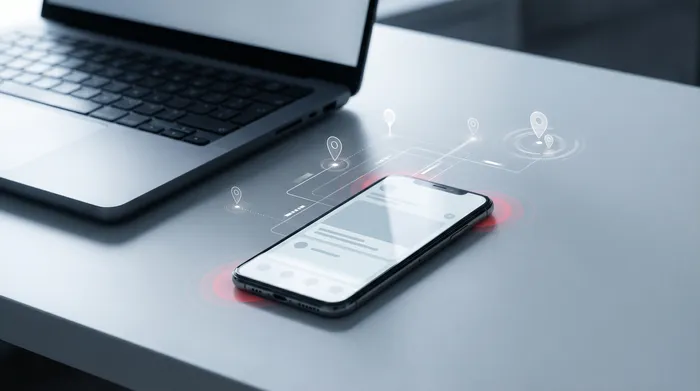 Un téléphone intelligent posé sur un bureau à côté d'un ordinateur portable, affichant des icônes de géolocalisation numériques en réalité augmentée.
