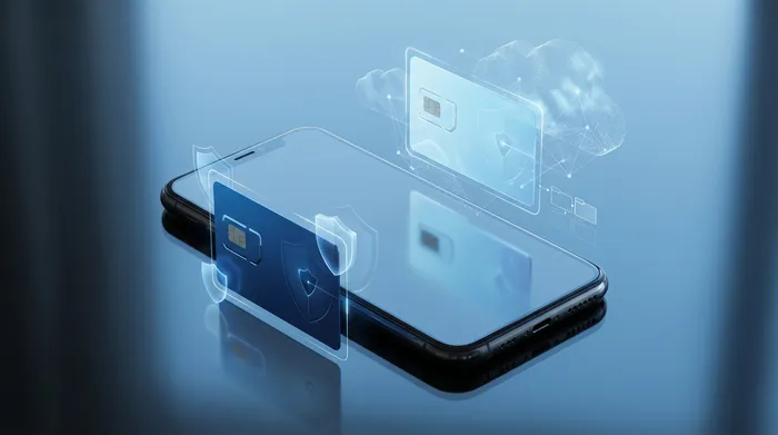 Un téléphone intelligent avec des cartes SIM numériques en hologramme, symbolisant la sécurité des données et le stockage infonuagique.