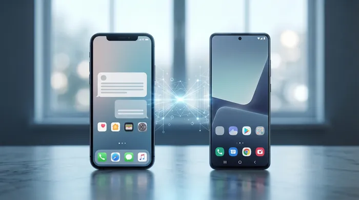 Deux téléphones intelligents côte à côte sur une table, reliés par un réseau numérique lumineux symbolisant le transfert de données entre appareils.