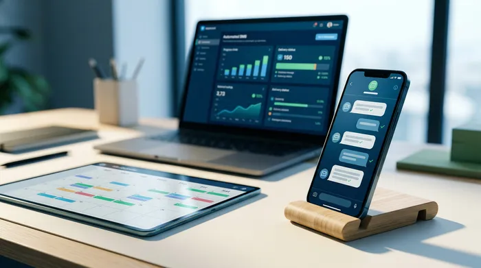 Une image divisée en deux parties montrant un téléphone intelligent : à gauche, une interface de messagerie avec une option de planification d'envoi, et à droite, une notification de rappel sur un bureau en bois.