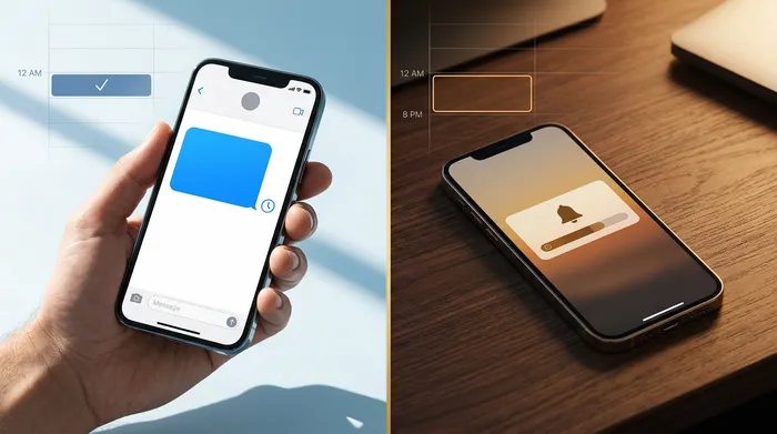 Un téléphone intelligent affichant une application de messagerie posé sur un comptoir de salon de coiffure en bois pâle, accompagné de ciseaux professionnels et de produits de beauté en arrière-plan.