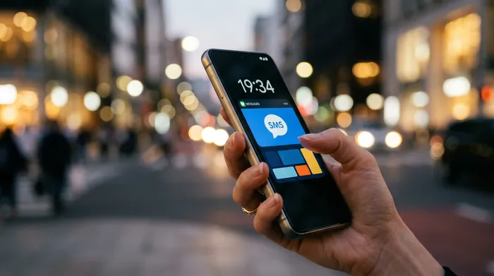 Une personne tenant un téléphone intelligent affichant une application de messagerie, assise à un bureau avec un ordinateur portable, un carnet de notes et une tasse de café.