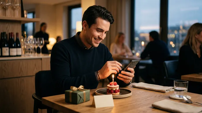Une jeune femme blonde souriante assise à une table avec un gâteau de fête allumé, consultant son téléphone intelligent lors d'une fête entre amies dans un appartement lumineux.