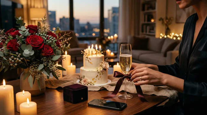 Une femme souriante assise dans une cuisine moderne regarde son téléphone cellulaire, tandis que deux hommes en arrière-plan lui présentent des gâteaux de fête avec des chandelles allumées.