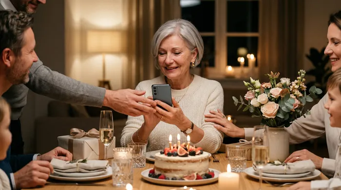 Une femme en tenue élégante prépare une coupe de champagne avec un ruban lors d'un souper romantique aux chandelles, avec un gâteau de fête et un bouquet de roses rouges sur la table.