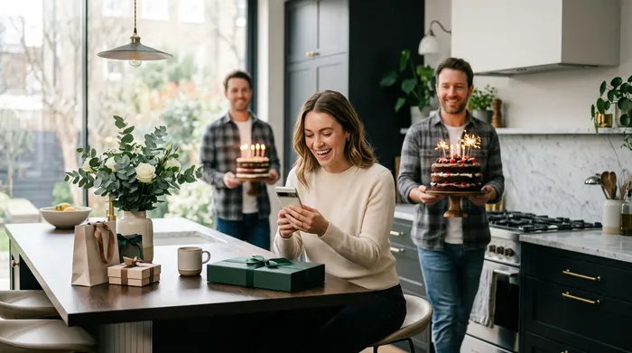 Une femme souriante en robe verte à paillettes regarde son téléphone intelligent devant un gâteau de fête décoré de chandelles, entourée d'amis qui trinquent avec des coupes de champagne lors d'une célébration.