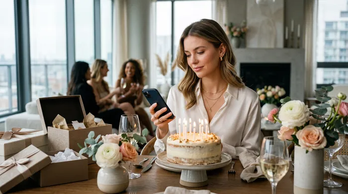 Un téléphone intelligent affichant un écran vide posé devant un gâteau de fête élégant et décoré sur une table de fête avec des cadeaux et des coupes de champagne.
