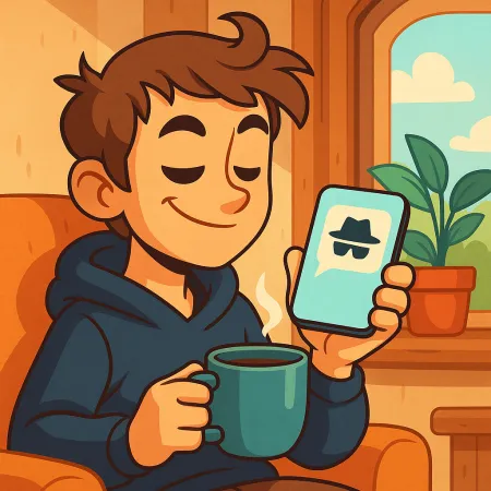 Illustration d’un jeune homme souriant, assis confortablement avec une tasse de café, tenant un smartphone affichant une icône de message anonyme avec un chapeau et des lunettes noires